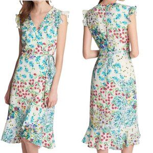 KARL LAGERFELD Paris Floral Ruffled Dress Faux Wrap Size 4 6 Small Wedding Guest